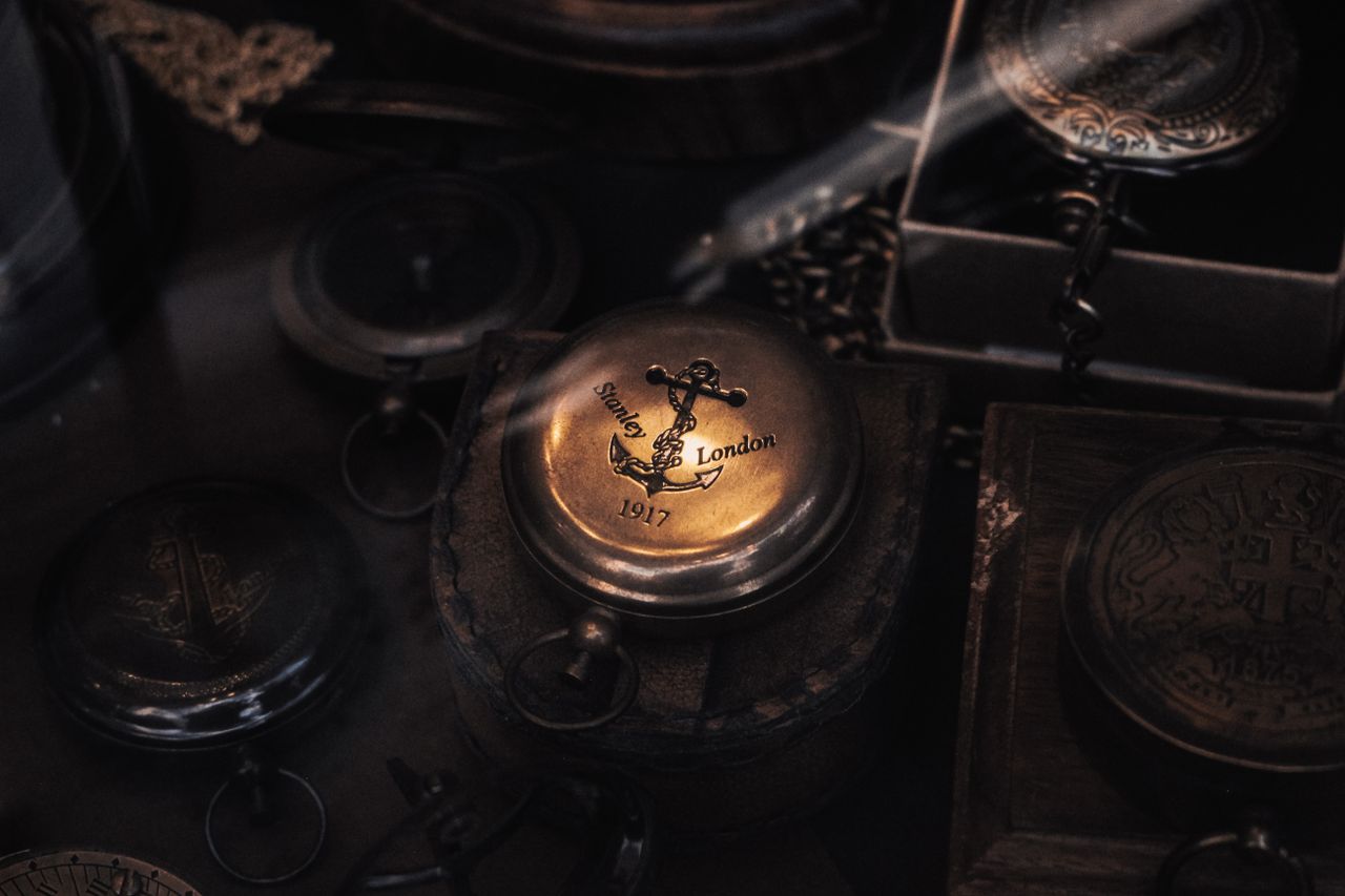 about-02 Close-up of a vintage 1917 Stanley London brass compass with nautical motifs and antique charm.
